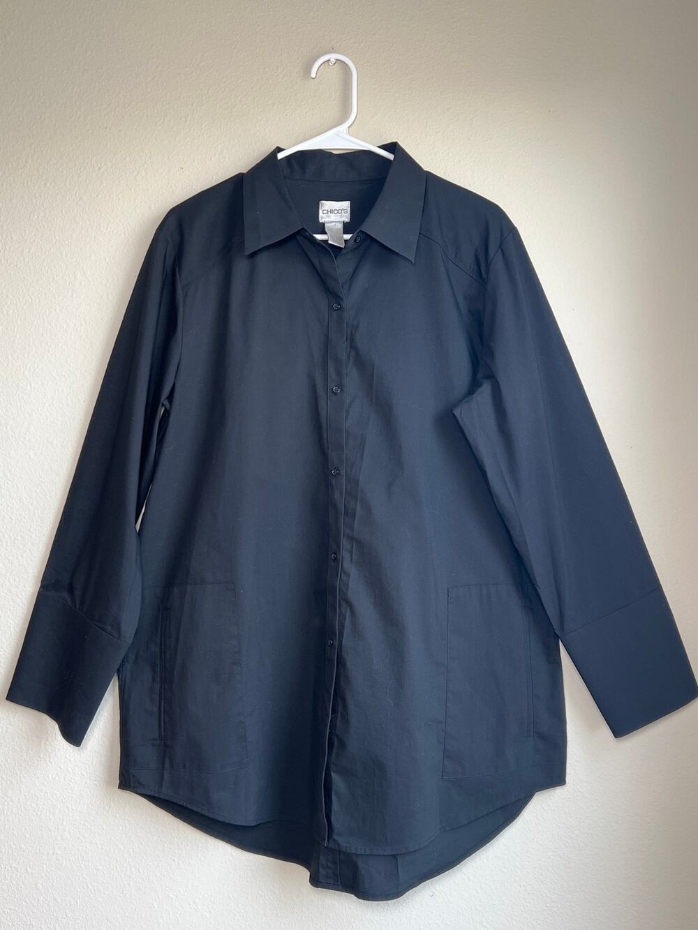 Chicos Womens Size 3 Black Long Sleeve Button Up Shirt Jacket with Pockets XL